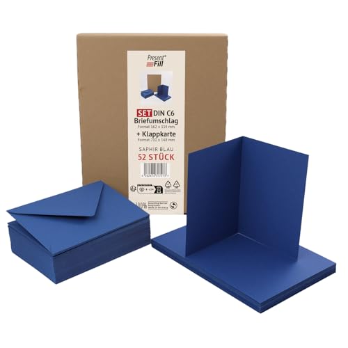 PresentFill® 50er Set blanko Falt-Karten inkl. Briefumschläge ohne Fenster Saphir Blau I Klappkarten DIN A6 I Umschläge C6 I Made in Germany I 100% Recycling Kraftpapier I Blauer Engel zertifiziert von Present Fill