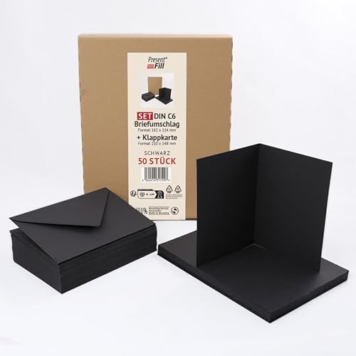PresentFill® 50er Set blanko Falt-Karten inkl. Briefumschläge ohne Fenster Schwarz I Klappkarten DIN A6 I Umschläge C6 I Made in Germany I 100% Recycling Kraftpapier I Blauer Engel zertifiziert von Present Fill