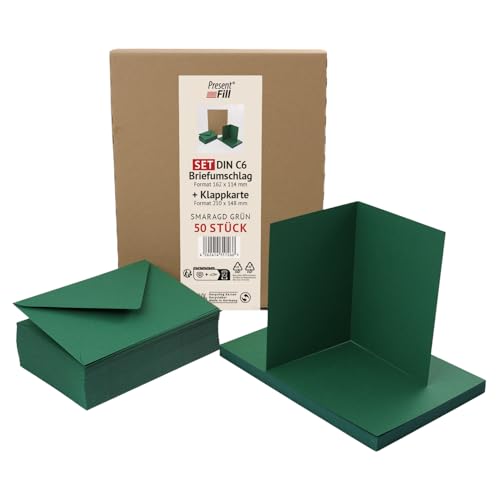 PresentFill® 50er Set blanko Falt-Karten inkl. Briefumschläge ohne Fenster Smaragd Grün I Klappkarten DIN A6 I Umschläge C6 I Made in Germany I 100% Recycling Kraftpapier I Blauer Engel zertifiziert von Present Fill