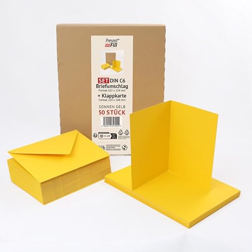 PresentFill® 50er Set blanko Falt-Karten inkl. Briefumschläge ohne Fenster Sonnen Gelb I Klappkarten DIN A6 I Umschläge C6 I Made in Germany I 100% Recycling Kraftpapier I Blauer Engel zertifiziert von Present Fill