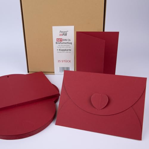 PresentFill® - blanko Falt-Karten inkl. Briefumschläge mit Herz Verschluß - 50er Set - Bordeaux Rot - Klappkarten zum selbst gestalten, beschriften oder bedrucken - DIN A6 / C6 von Present Fill