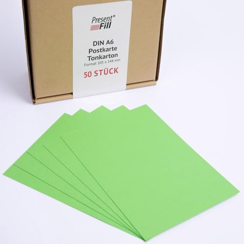 PresentFill® - blanko Postkarten Tonkarton Apfel Grün, Papier-Karten Set 50 Stück 210 g/m² -DIN A6-105 x 148 mm zum Selbstgestalten, beschriften oder bedrucken als Bastelkarton, Karteikarten von Present Fill