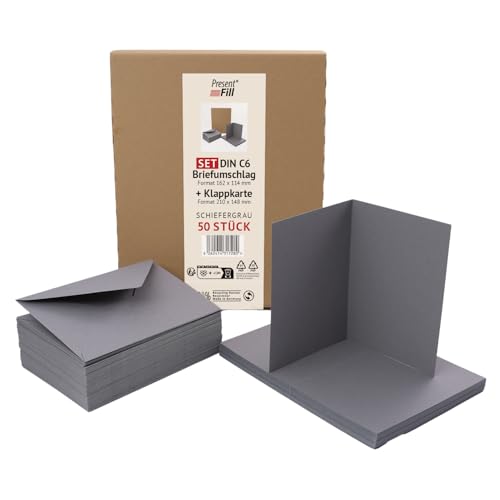 PresentFill 50er Set blanko Falt-Karten inkl. Briefumschläge ohne Fenster Schiefer Grau I Klappkarten DIN A6 I Umschläge C6 I Made in Germany I 100% Recycling Kraftpapier I Blauer Engel zertifiziert von Present Fill