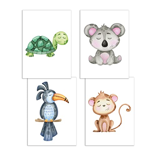 Presentou 4er Tierbilder Sparset | Kinderzimmer Poster Wandbilder Deko | süß gemalt Wasserfarb-Look | Wald Afrika Safari | DIN A4 Premiumpapier (Dschungeltiere 1 - Schildkröte Koala Papagei Affe) von Presentou