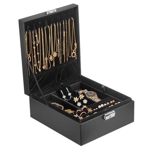 Prestige & Fancy Große Schmuck-Organizer-Box – 2-lagige Schmuckschatulle für Ohrringe, Halsketten, Ringe, Armbänder und Accessoires | Elegante Schmuckhalter aus PU-Leder im Alligator-Stil | Schwarz von Prestige & Fancy