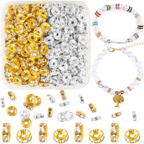 400 Stück 8mm Glasperlen Metall Spacer Perlen zum Auffädeln, Rondelle Strass Zwischenperlen Kristall Loose Round Perlen für DIY Armbänder Ohrringe Halskette Schmuck Dekorationen 400 Stück 8mm Glasperlen Metall Spacer Perlen zum Auffädeln, Rondelle Strass Zwischenperlen Kristall Loose Round Perlen für DIY Armbänder Ohrringe Halskette Schmuck Dekorationen von Prettme