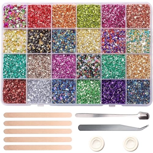 Chunky Glitter Crushed Glass for Resin Art, 24 Colors Irregular Metallic Glass Chips Broken Glass Sprinkles Chunky Flakes Sequins for Nail Arts DIY Vase Filler Epoxy Jewelry Making Decorations von Prettme