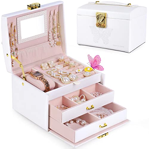 Pretty Comy Schmuckschatulle für Mädchen, Frauen, Mädchen, 3-lagig, mit PU-Leder, Reise-Schmucketui mit Spiegel für Ohrringe, Ringe, Halsketten, bestes Geschenk für Mädchen von Pretty Comy