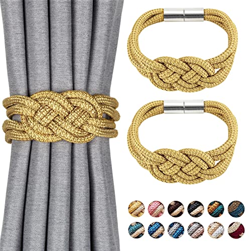 Pretty Jolly 2 Stück Starke Magnetische Raffhalter für Vorhänge, Dekorative Vorhang-Raffhalter, Handgewebtes Seil, Knoten-Vorhanghalter für Zuhause und Büro, Fenstervorhänge (Gold) von Pretty Jolly