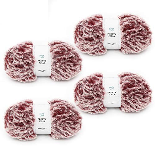 Pretty Jolly 4 Knäuel Kunstfell Garn Super Soft Chunky Flauschiges zum Häkeln Stricken Wimperngarn Polyester Weinrot mit Weiß von Pretty Jolly