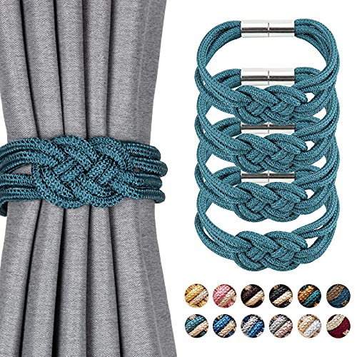 Pretty Jolly 4 Stück Starke Magnetische Raffhalter für Vorhänge, Dekorative Vorhang-Raffhalter, Handgewebtes Seil, Knoten-Vorhanghalter für Zuhause und Büro, Fenstervorhänge (Blaugrün) von Pretty Jolly