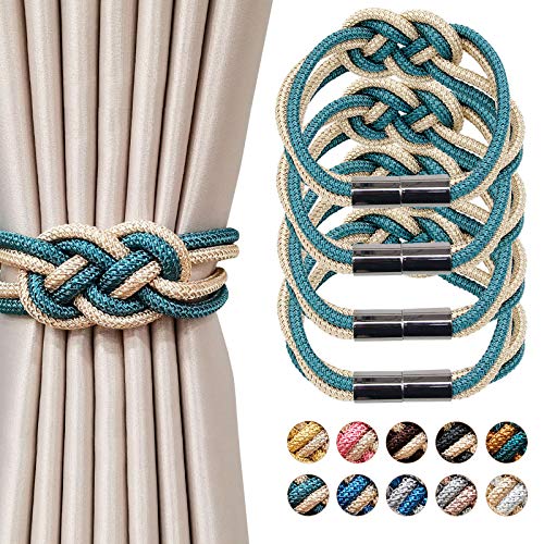 Pretty Jolly 4 Stück Starke Magnetische Raffhalter für Vorhänge, Dekorative Vorhang-Raffhalter, Handgewebtes Seil, Knoten-Vorhanghalter für Zuhause und Büro, Fenstervorhänge (Blaugrün & Beige) von Pretty Jolly