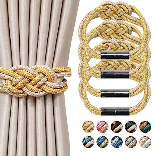 Pretty Jolly 4 Stück Starke Magnetische Raffhalter für Vorhänge, Dekorative Vorhang-Raffhalter, Handgewebtes Seil, Knoten-Vorhanghalter für Zuhause und Büro, Fenstervorhänge (Gold & Beige) von Pretty Jolly