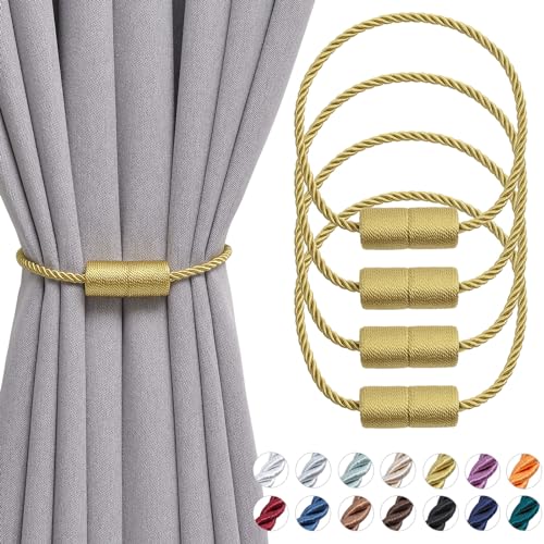 Pretty Jolly 4 Stück magnetische Vorhang-Raffhalter, handgefertigt, gewebt, Seitenseil, Vorhanghalter, praktische dekorative Zylinder-Vorhang-Raffhalter für Zuhause und Büro, Fenstervorhänge (Gold) von Pretty Jolly