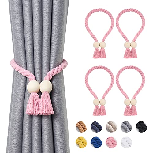 Pretty Jolly Ball magnetische Vorhang-Raffhalter aus Holz, Boho-Dekoration, Raffhalter, natürliche Baumwolle, handgewebt, für Fenstervorhänge für Zuhause und Büro, Rosa, 4 Stück von Pretty Jolly
