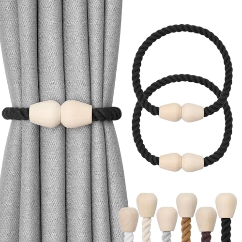 Pretty Jolly Fallen Lassen magnetische Vorhang-Raffhalter aus Holz, Boho-Dekoration, Raffhalter, natürliche Baumwolle, handgewebt, für Fenstervorhänge für Zuhause und Büro, Schwarz, 2 Stück von Pretty Jolly