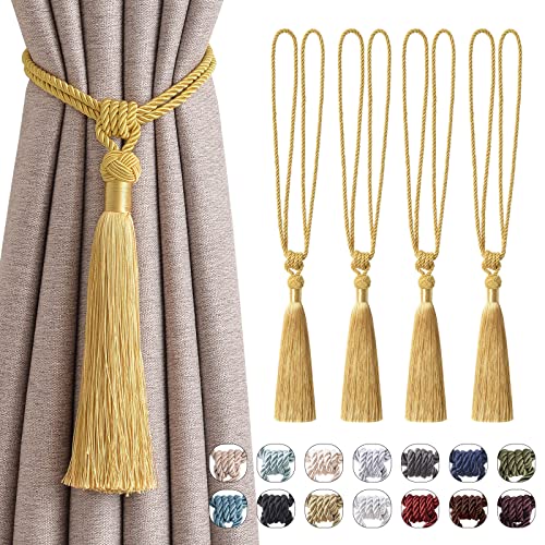 Pretty Jolly Langen Quasten Vorhang-Raffhalter Handmade geflochtene Seil Knoten drapierte Raffhalter Elegante dekorative Vorhanghalter für Zuhause und Büro, Gelb, 4 Stück von Pretty Jolly