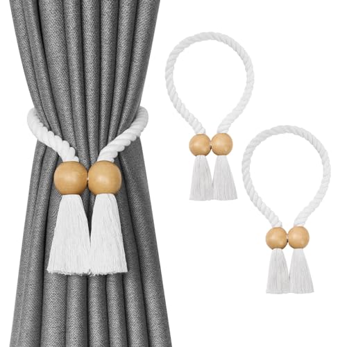 Pretty Jolly Magnetische Vorhang-Raffhalter mit Holzkugeln, Boho-Stil, Heimdekoration, Drapier-Raffhalter, natürliche Baumwolle, handgewebt, Seil, Vorhanghalter für dünne und dicke Fenstervorhänge zu von Pretty Jolly