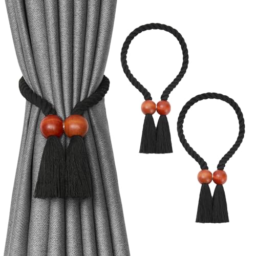 Pretty Jolly Magnetische Vorhang-Raffhalter mit Holzkugeln, Boho-Stil, Heimdekoration, Drapier-Raffhalter, natürliche Baumwolle, handgewebt, Seil, Vorhanghalter für dünne und dicke Fenstervorhänge zu von Pretty Jolly
