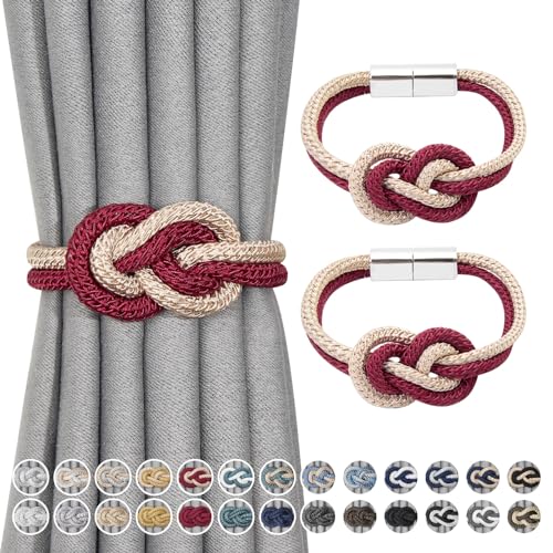 Pretty Jolly Mini magnetische Vorhang Raffhalter Nordisch Einfacher Stil Vorhang-Raffhalter Elegante dekorative Vorhang drapieren Krawatte zurück für Haus Fenster Drapery, Weinrot & Beige, 2 Stück von Pretty Jolly