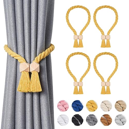 Pretty Jolly Polyeder magnetische Vorhang-Raffhalter aus Holz, Boho-Dekoration, Raffhalter, natürliche Baumwolle, handgewebt, für Fenstervorhänge für Zuhause und Büro, Gelb, 4 Stück von Pretty Jolly