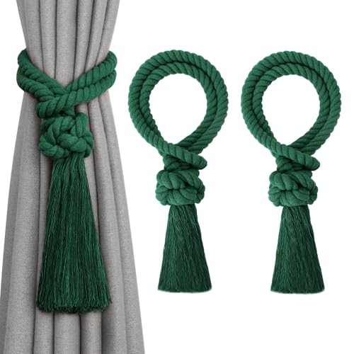 Pretty Jolly Raffhalter aus natürlicher Baumwolle mit Quasten, Boho-Stil, Heimdekoration, handgewebt, Kugelvorhanghalter für dünne und dicke Fenstervorhänge zu Hause und im Büro, Grün, 2 Stück von Pretty Jolly