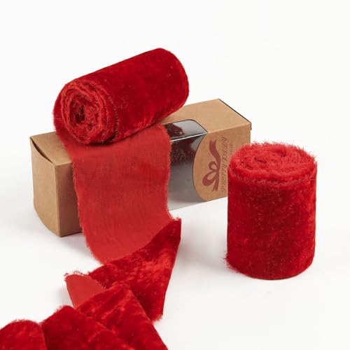 Pretty Jolly Rotes Samtband zum Verpacken von Geschenken, 7,6 cm, handgefertigt, ausgefranst, Vintage-Samtband für Weihnachtsbaum, Fransenbänder zum Basteln, Heimdekoration, Blumenstrauß, Kränze Pretty Jolly Rotes Samtband zum Verpacken von Geschenken, 7,6 cm, handgefertigt, ausgefranst, Vintage-Samtband für Weihnachtsbaum, Fransenbänder zum Basteln, Heimdekoration, Blumenstrauß, Kränze von Pretty Jolly