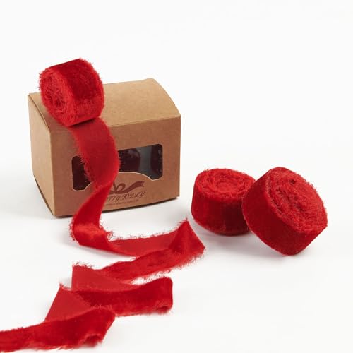 Pretty Jolly Rotes Samtband zum Verpacken von Geschenken, handgefertigt, ausgefranst, Vintage-Samtband für Weihnachtsbaum, Fransenbänder zum Basteln, Heimdekoration, Blumenstrauß, Kränze, Haarschleife Pretty Jolly Rotes Samtband zum Verpacken von Geschenken, handgefertigt, ausgefranst, Vintage-Samtband für Weihnachtsbaum, Fransenbänder zum Basteln, Heimdekoration, Blumenstrauß, Kränze, Haarschleife von Pretty Jolly