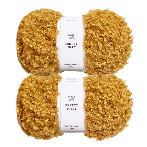 Pretty Jolly Teddyfell-Garn, superweich, klobig, flauschig und flauschig, Kunstfell, Wimperngarn zum Häkeln und Stricken, 2 x 50 m (100 g x 2) (Gold) von Pretty Jolly