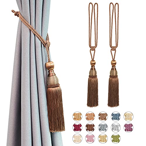 Pretty Jolly Vorhang-Raffhalter aus Netzstoff, mit Kugeln, im europäischen Vintage-Stil, handgefertigt, geflochtenes Seil, für Fenster (helles Kaffeebraun), 2 Stück von Pretty Jolly