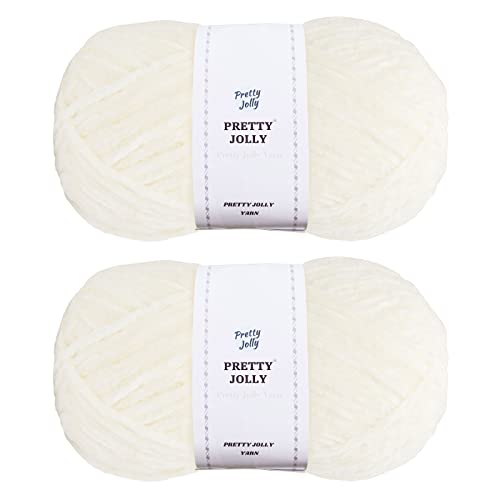 Pretty Jolly Weiches Chenille-Garn, Samt-Garn Zum Häkeln, Weben, Basteln, Deckengarn Zum Stricken - 2 x 255 m, 2 x 150 g, Cremeweiß von Pretty Jolly