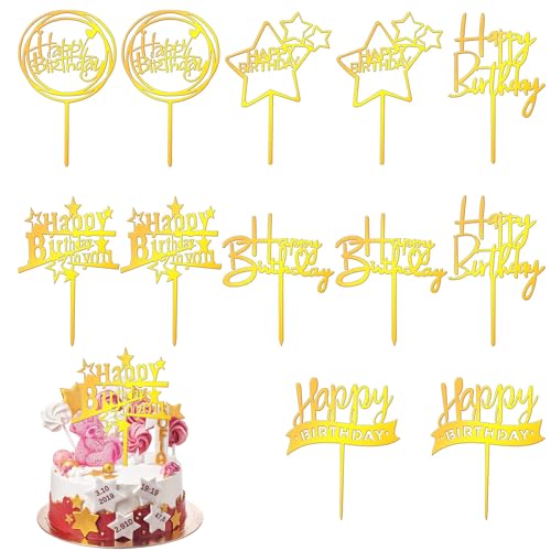 12 Stück Goldenes Happy Birthday Tortendeko Set,Cake Topper Geburtstag Acryl Geburtstag Kuchendekoration Wiederverwendbare Happy Birthday Cake Topper für Männer,Frauen,Kinder,6 Stile(Gold) von Pretwad