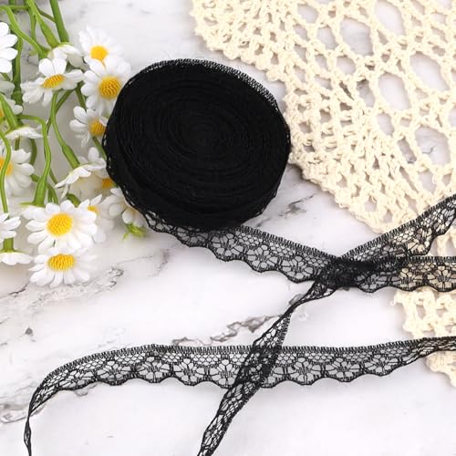 27,7 m langes schwarzes Spitzenband auf Rolle – 1,5 cm breit, Blumenstoff, Spitzenband, Blumenstoff, Bordüre für Hochzeitsdekorationen, Brautsträuße, Geschenkverpackungen und Bastelarbeiten von Pretwad
