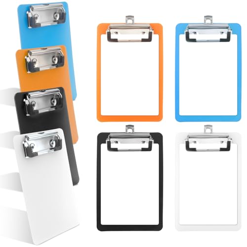 4 Stück Klemmbrett,10 x 15 cm/4 x 6 Zoll,Kunststoff,bunt,kleines Klemmbrett mit Metallclip,Mini-Klemmbretter für Büropersonal,Studenten,Notizblock,Lehrer-Klemmbrett (Schwarz,Orange,Blau,Weiß) von Pretwad