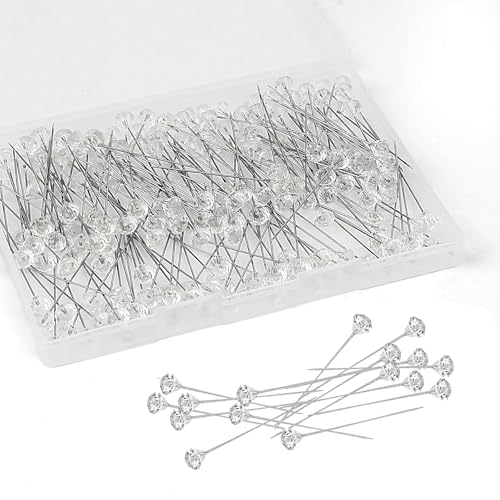 Stecknadeln 200 Stück Stecknadeln mit Kopf Kristall Strassnadel 5.1 cm,Stecknadeln Lang mit Box,Gerade Kopf Nadeln für Jewelry DIY,Stoff, Hochzeitsblumen Schmuck Schneider Nähen,Blumen Handwerk Deko von Pretwad
