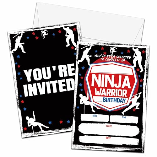 Ninja Geburtstagseinladungen Karten für Mädchen Jungen, Doppelseitige Ninja Warrior Ausfülleinladungen Geburtstag Party Supplies Dekorationen (20 Einladungen + 20 Umschläge) -73 von Preuf