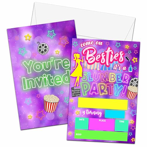 Puppen-Geburtstagseinladungskarten für Mädchen Jungen, doppelseitige Neon-Leucht-Einladungen, Schlummer-Partyzubehör, Dekorationen (20 Einladungen + 20 Umschläge) -69 von Preuf