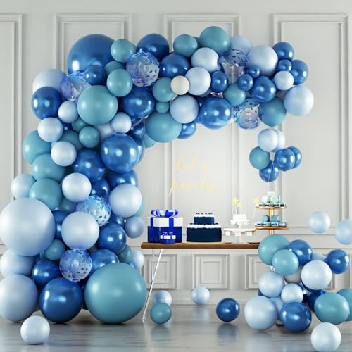 Pricl Blau Luftballon Girlande Set,143 Stück Blau Weiß Helium Party Ballon Metallic Blau Ballonbogen mit Konfetti Ballons für Geburtstag Babyparty Hochzeit Baby Shower Deko Winter von Pricl
