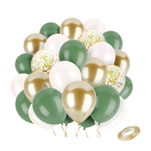 Grüne Luftballons Salbei Grün Gold Weiß Retro Olive Luftballons - 100% Naturlatex - 50 Stück 30cm Helium Ballons für Geburtstag Babyparty Hochzeit Baby Shower Deko - Pricl™ von Pricl