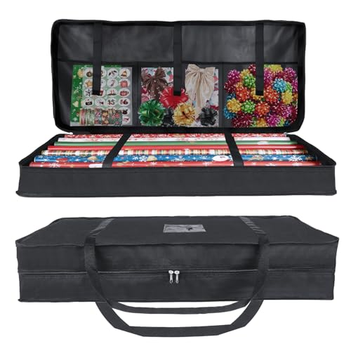 Priksia Aufbewahrungstasche für Geschenkpapier, wasserdichte, Gewebtes 600D Oxford-Material, Weihnachtspapier Geschenkpapierrollen Organizer mit 3 Fächern(82x33x13cm) -Schwarz von Priksia