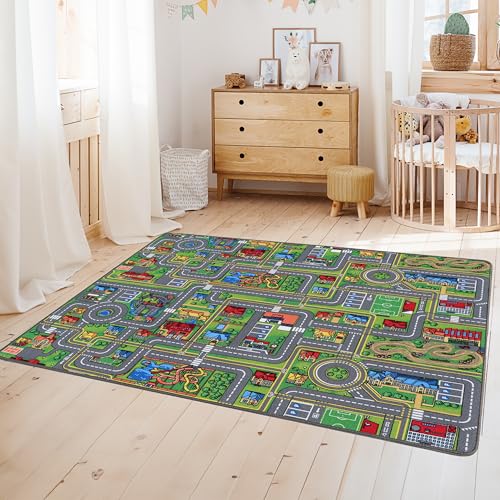 Primaflor Spielteppich mit Straßen & Kreisverkehr – Spielteppich für Kinder 140x200 cm – pflegeleichter Kinderteppich mit Straßen von Primaflor - Ideen in Textil