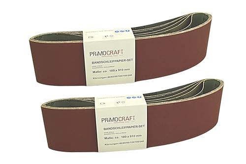 PrimoCraft 12x Bandschleifpapier 100 x 910 mm - Körnung 40/60/80/120/180/240 Mix je 2x pro Korn - Schleifband für Bandschleifer Schleifmaschine 12 Stück PrimoCraft 12x Bandschleifpapier 100 x 910 mm - Körnung 40/60/80/120/180/240 Mix je 2x pro Korn - Schleifband für Bandschleifer Schleifmaschine 12 Stück von PrimoCraft