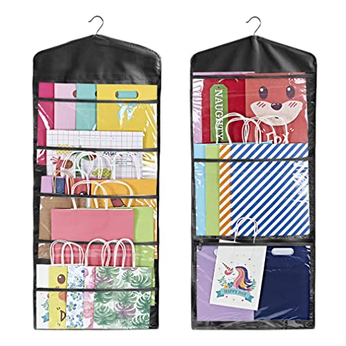 Primode Geschenktüte und Seidenpapier-Aufbewahrung, Hänge-Organizer mit mehreren Vorder- und Rückentaschen, doppelseitig, organisieren Sie Geschenkpapier und Papiertüten, 96 x 40 cm (voll schwarz) von Primode
