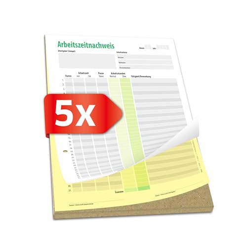 PRIMUS PRINT Arbeitszeitnachweis Schreibblock A4 – mit Selbstdurchschreibenden Papier – Durchschreibschutz – Arbeitszeiterfassung für 31 Tage – Stundennachweis für Minijob, Vollzeit [5 x Block] von Primus-Print.de