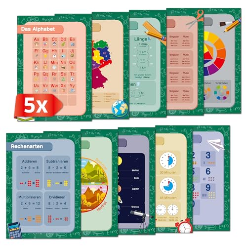 Primus Print - Lernposter 10er-Set Grundschule A4 - Alphabet, Zahlen, Planeten, Uhrzeiten & mehr - Pädagogisches Lernmaterial - Lernhilfe für Kinder fürs Kinderzimmer & Klassenzimmer (5x10Stück/Set) von Primus-Print.de