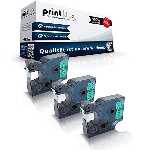 3X Print-Klex Schriftbänder kompatibel für Dymo D1 45019 Labelmanager 450 Labelmanager 450 D Labelmanager 450 Series Labelmanager 500 TS S0720590 7mx12mm Schwarz auf Grün - Office Light Serie von Print-Klex GmbH & Co.KG