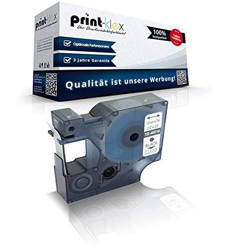 Print-Klex Schriftband kompatibel für Dymo D1 45010 Labelmanager 100 100Plus 100Series 120P 150 160 200Serie 210 D 220P 260P 280 300 S0720500 12mm x7m schwarz farblos Etiketten - Easy Line Serie von Print-Klex GmbH & Co.KG