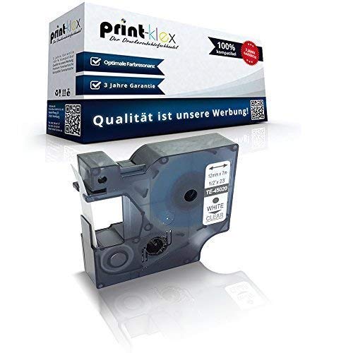 Print-Klex Schriftband kompatibel für Dymo D1 45020 Labelmanager 100 100Plus 100Series 120P 150 160 200Serie 210 D 220P 260P 280 300 S0720600 12mm x7m Weiss Farblos Etiketten - Easy Line Serie von Print-Klex GmbH & Co.KG