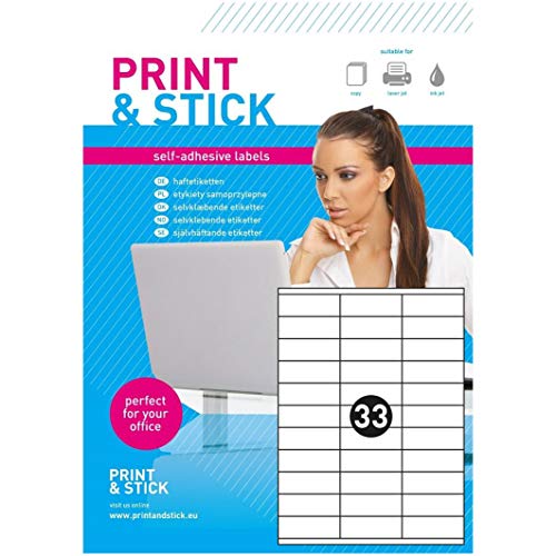 Print&Stick Nr.21333 | 3300 Etiketten 70 x 25mm selbstklebend auf DIN A4 Bogen (Papier matt, weiß - bedruckbar) (100 Blatt) von Print&Stick