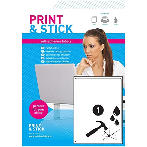 Print&Stick Nr.24011 | 50 PET-Folie Etiketten 210 x 297mm selbstklebend auf DIN A4 Bogen (Papier matt, weiß - bedruckbar) (50 Blatt) (Bogen mit umlaufendem Rand) von Print&Stick
